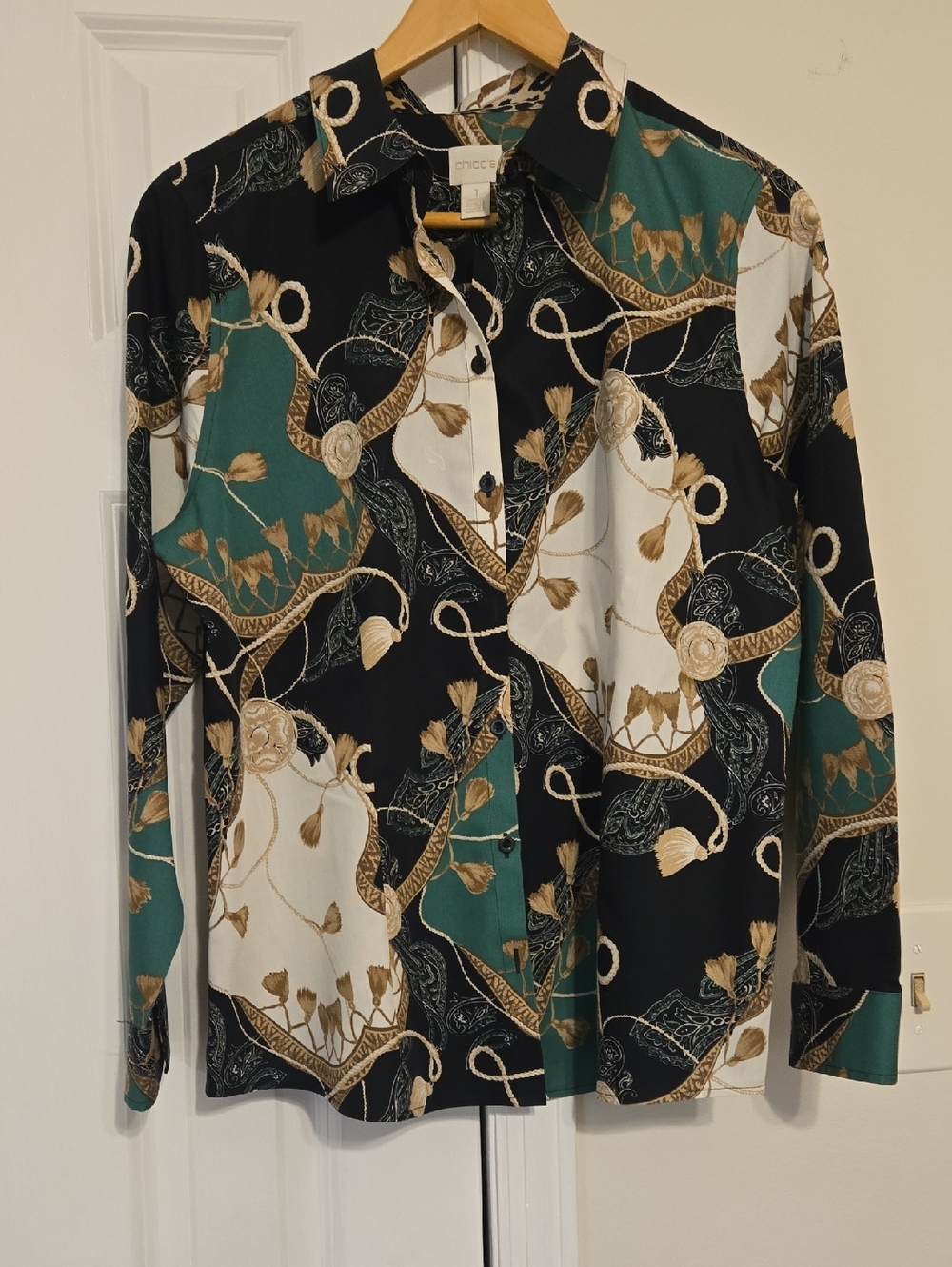 Chico's Black Green Tan Chain & Paisley Button-Up Blouse
